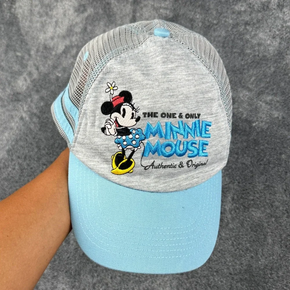 Disney Parks Minnie Mouse Trucker Hat Light Blue Grey Embroidered Mesh Cap Adult